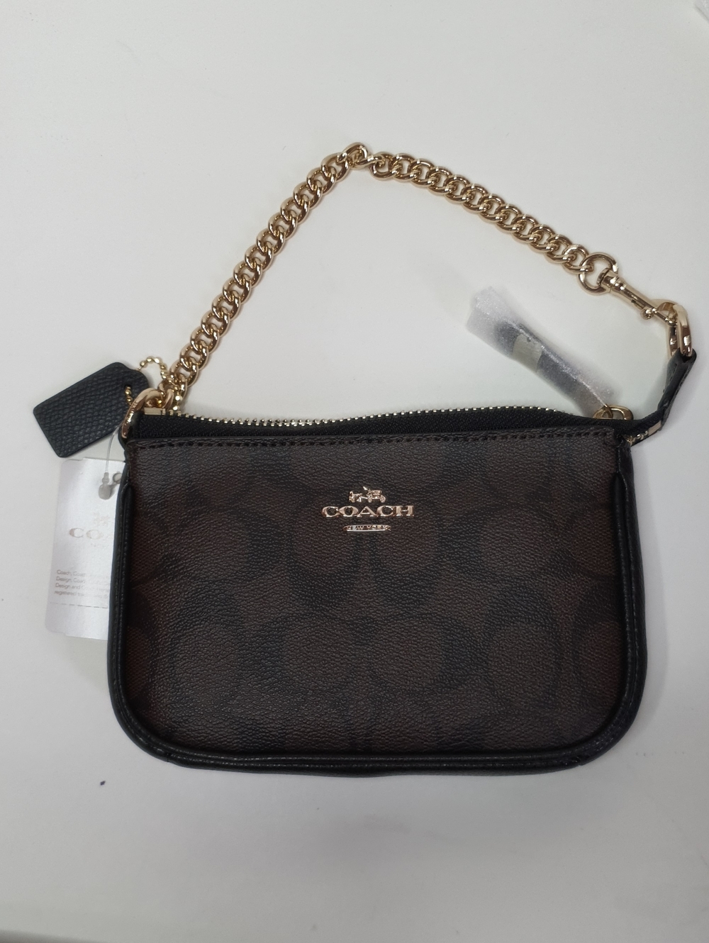 Coach Small Brown Signature Wristlet with Gold Chain NWT